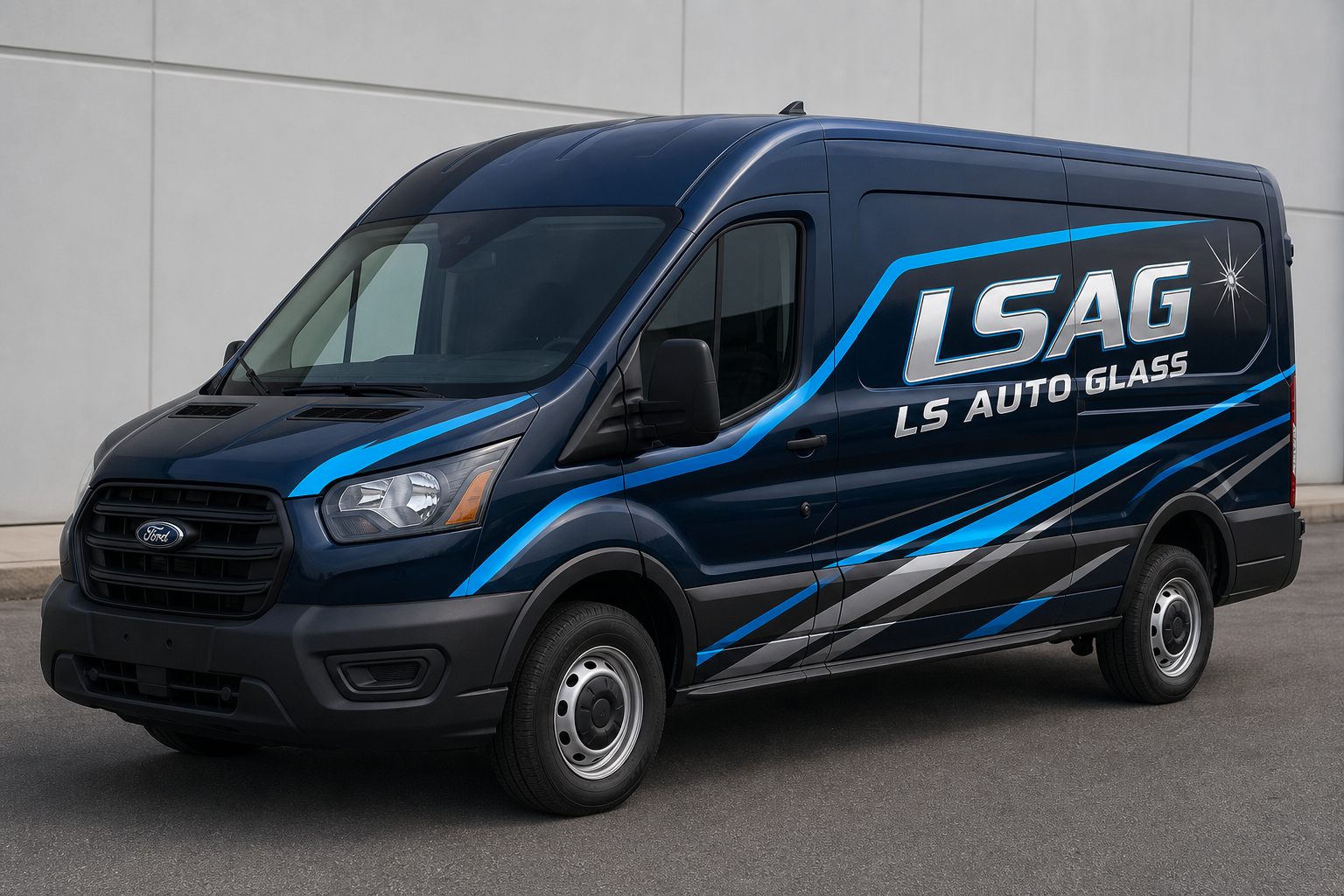 LS Auto Glass blue Ford business van